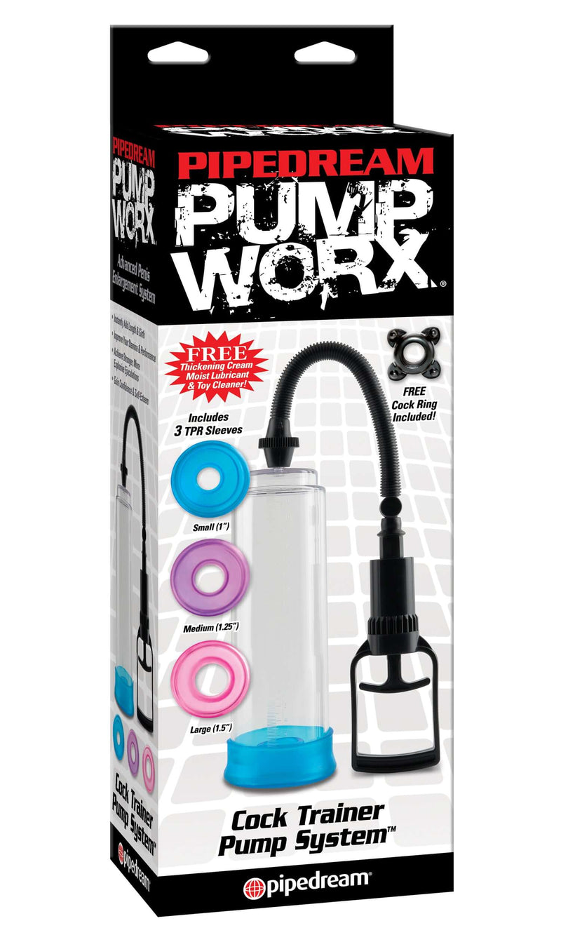 Pipedream Pump Worx Cock Trainer Pump System packaging with included accessories