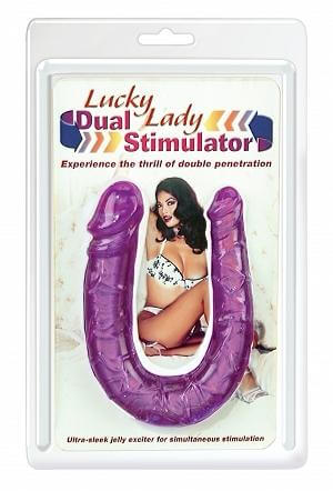 Lucky Lady Dual Stimulator Purple for double penetration, thicker head for vaginal entry, smooth tapered tip for anal pleasure.