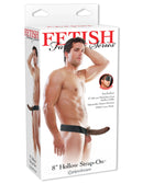 Fetish Fantasy Series 8 inches Hollow Strap On Brown packaging featuring a muscular man wearing the strap-on.