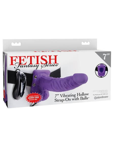 Fetish Fantasy Vibrating Hollow Strap-On with Balls packaging displaying a purple strap-on and remote control.