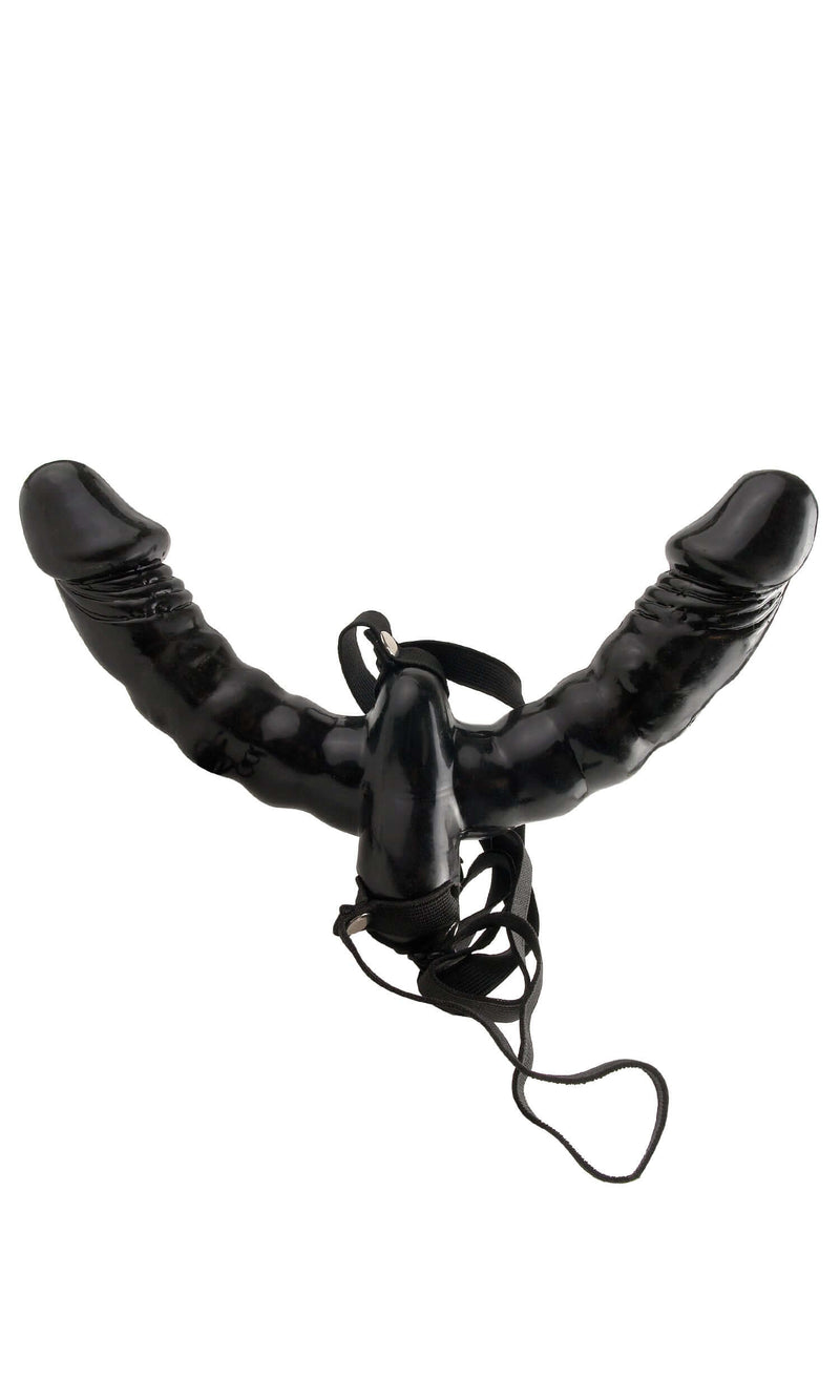 Fetish Fantasy Series Vibrating Double Delight Strap On Black, dual-ended vibrating strap-on with adjustable straps.