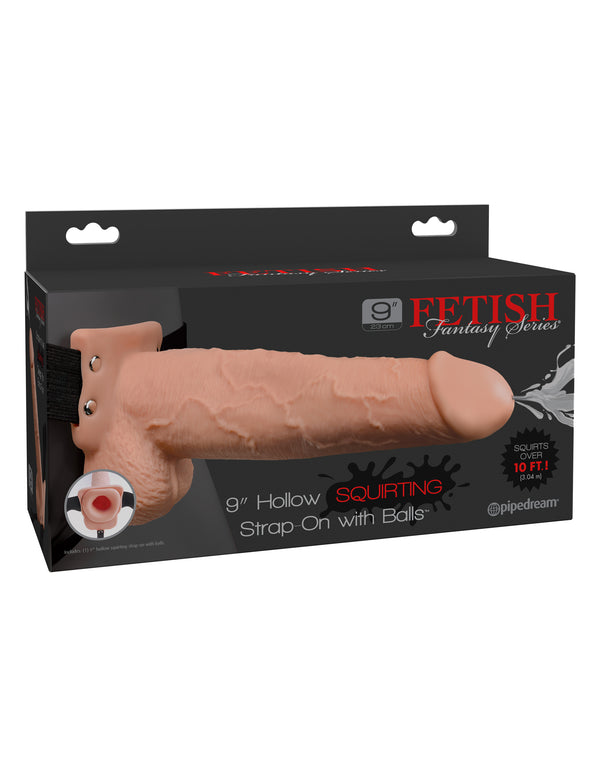 Pipedream Products Fetish Fantasy 9 inches Hollow Squirting Strap On with Balls Beige at $64.99