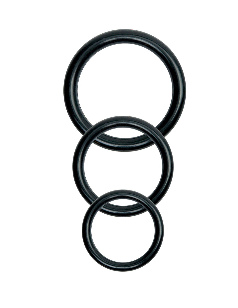Three different sized interchangeable rings for the Fetish Fantasy Series Beginner's Harness in black color.