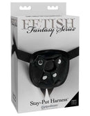 Fetish Fantasy Series Stay Put Harness box by Pipedream Products, adjustable and comfortable strap-on harness for intimate play.