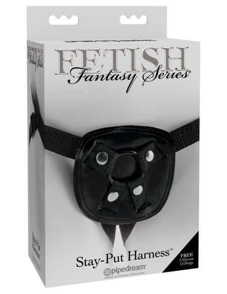 Fetish Fantasy Series Stay Put Harness box by Pipedream Products, adjustable and comfortable strap-on harness for intimate play.