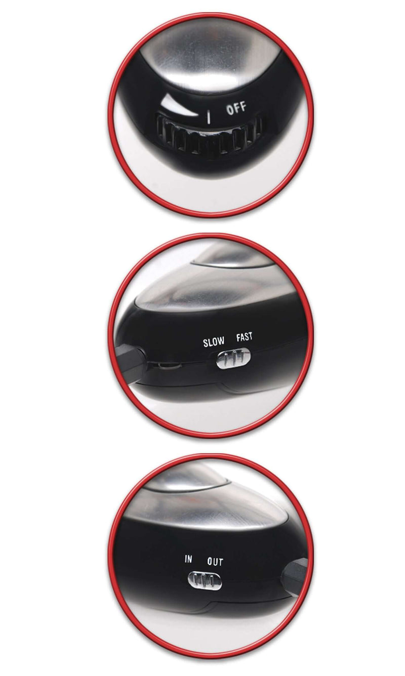 Control settings for Fetish Fantasy Shock Therapy Pleasure Probe showing power, speed, and mode switches.