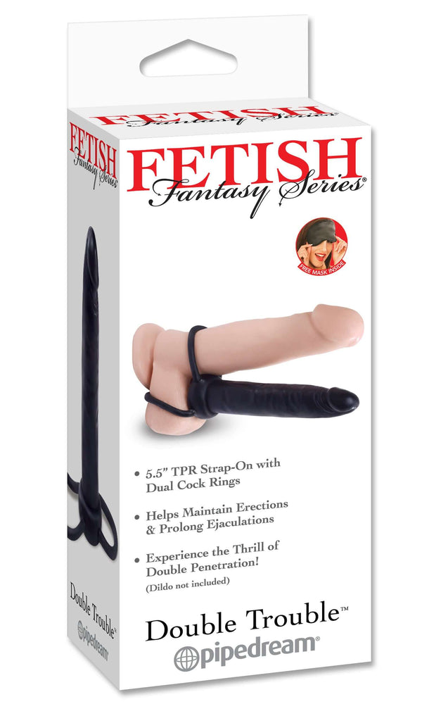 Fetish Fantasy Series Double Trouble Strap-on Dildo Black Product Box with Dual Cock Rings for Double Penetration