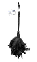 Fetish Fantasy Series Frisky Feather Duster with black handle and soft black feathers for dusting and cleaning, measuring 13.5 inches in height.