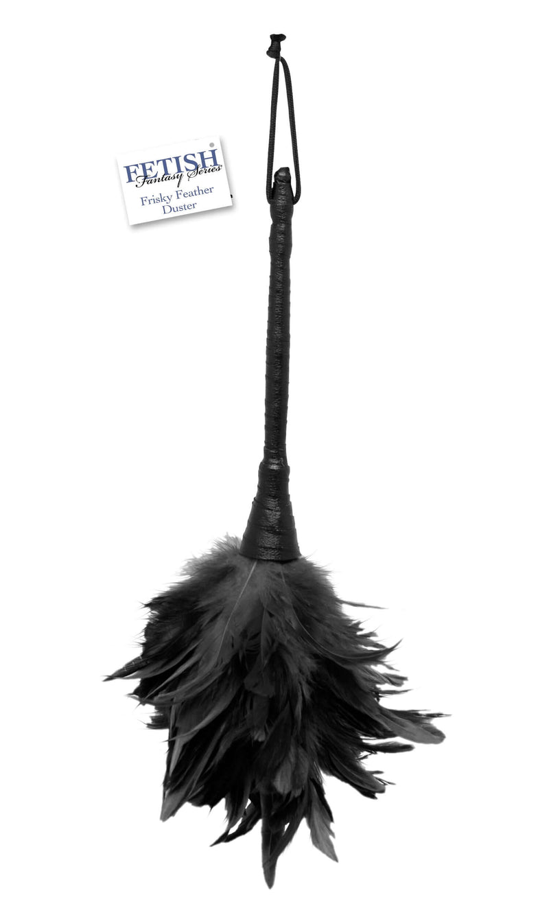 Fetish Fantasy Series Frisky Feather Duster with black handle and soft black feathers for dusting and cleaning, measuring 13.5 inches in height.