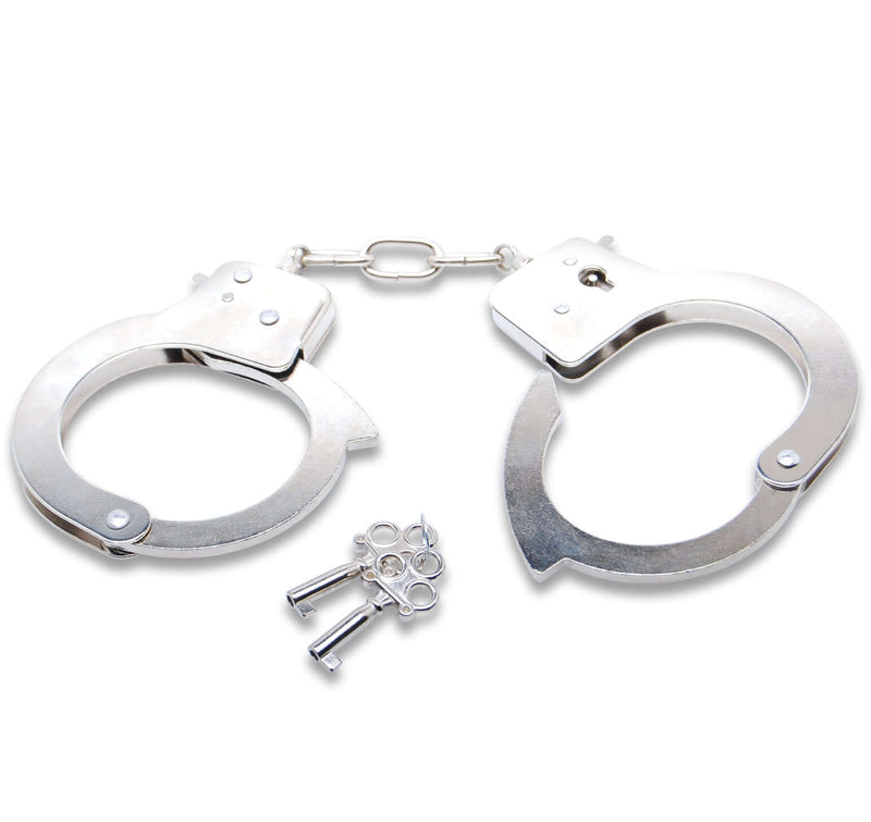 Durable nickel-plated steel fetish fantasy series official handcuffs with keys for role-playing games and naughty cop costumes.
