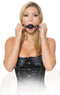 Woman wearing black corset using Fetish Fantasy Series ball gag with adjustable leather straps