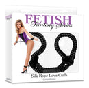 Fetish Fantasy Silk Rope Love Cuffs Black packaging with model and product display