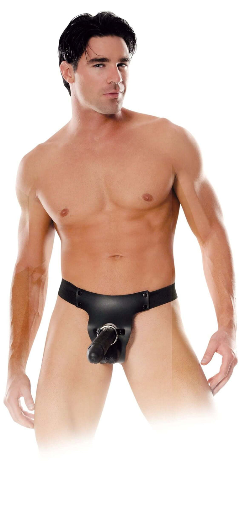 Male model wearing Fetish Fantasy Mr. Big Hollow 8-Inch Strap-On with real-feel balls and sturdy black strap