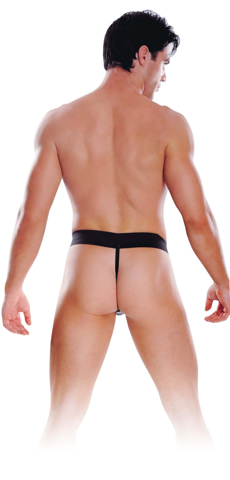 Man wearing Fetish Fantasy 8-Inch Hollow Strap-On from the back view, showcasing slim waistband and thong-style strap for product demonstration.