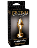 Fetish Fantasy Gold Mini Luv Plug Gold packaging displaying a sleek, gold metal butt plug with a crystal-adorned base.