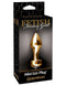 Fetish Fantasy Gold Mini Luv Plug Gold packaging displaying a sleek, gold metal butt plug with a crystal-adorned base.