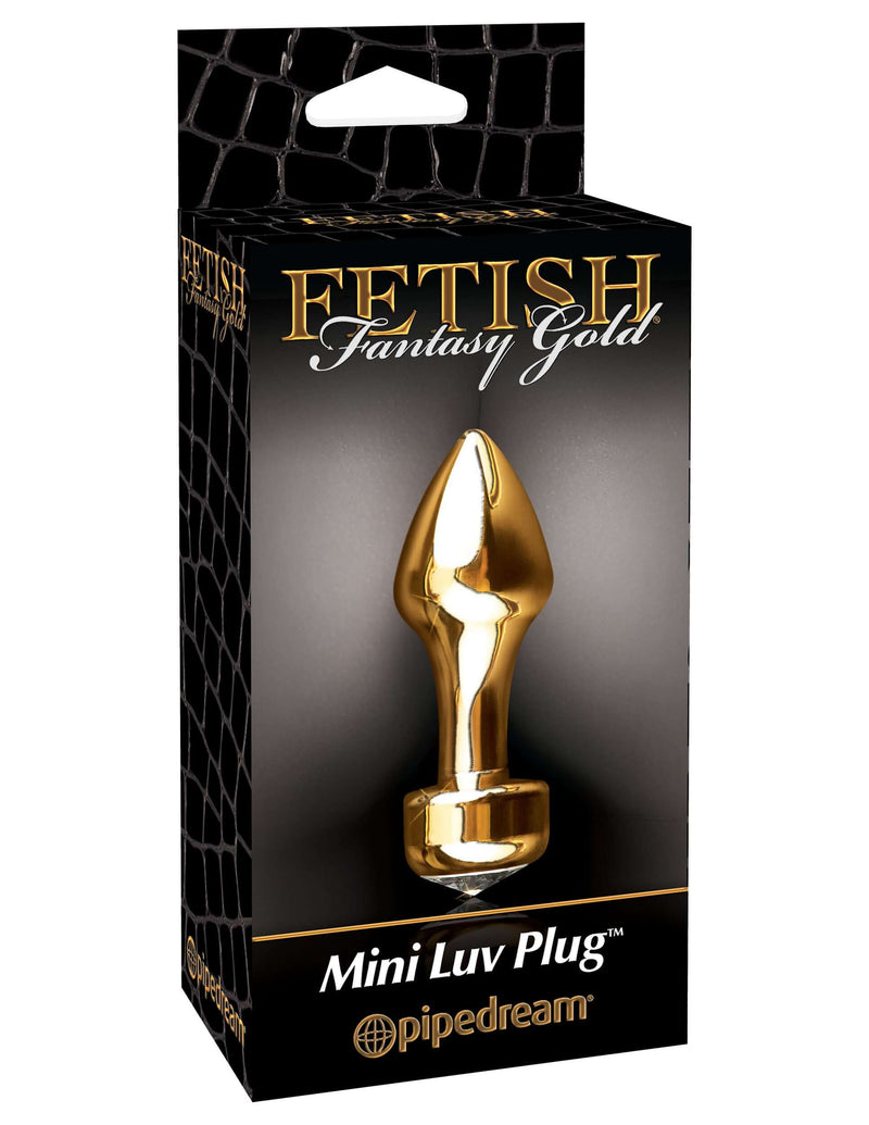 Fetish Fantasy Gold Mini Luv Plug Gold packaging displaying a sleek, gold metal butt plug with a crystal-adorned base.