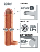 Fantasy X-tensions 1" Extension with Ball Strap infographic showing benefits: increased length, thickness, and prolonged ejaculation.