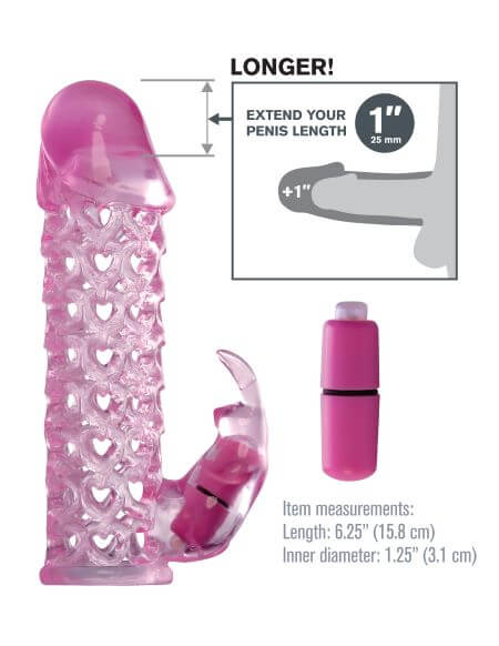 Fantasy X-Tensions Vibrating Cage Pink with heart design, 6.25 inches length, 1.25 inches inner diameter, includes 1-inch extension and vibrator