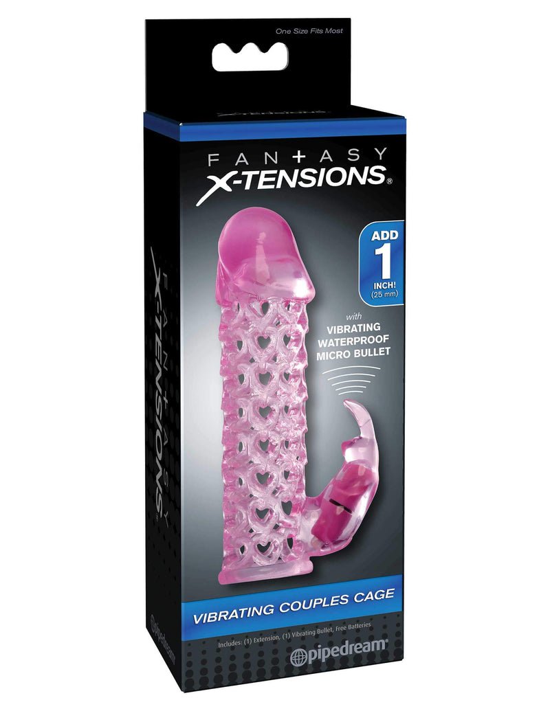Fantasy X-Tensions vibrating pink penis cage packaging by Pipedream Products.