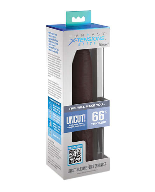 Fantasy X-Tensions Elite Uncut 7 Inch Sleeve in Brown packaging, realistic silicone enhancement for added length and girth.