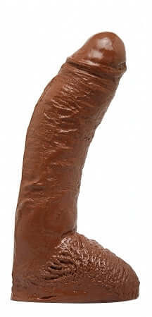 Basix Rubber Works Fat Boy Dong 10 Inches Brown realistic dildo with flat base and balls for strap-on harness compatibility.