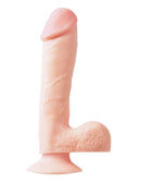 Ballsy light skin tone beige dildo with suction cup, 7.5-inch realistic design, sculpted head, veins, and bouncy testicles for hands-free use.