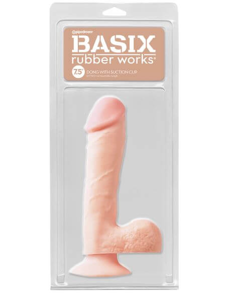 7.5-inch realistic dildo with suction cup in original packaging - Basix Rubber Works Beige Flesh Dong.