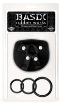 Basix Rubber Works Universal Harness in packaging, includes harness and three silicone rings in various sizes for strap-on play.