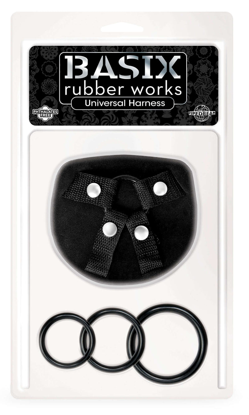 Basix Rubber Works Universal Harness with three silicone rings in black packaging