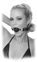 Woman wearing Fetish Fantasy Series Limited Edition Breathable Ball Gag in black with adjustable leather strap and breathing holes.