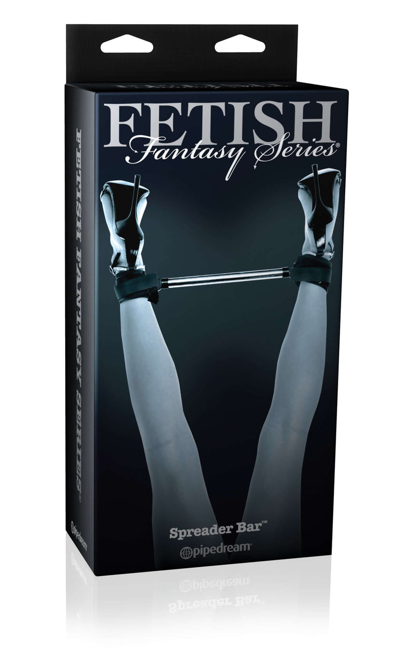 Fetish Fantasy Limited Edition Spreader Bar packaging showing adjustable metal bar with ankle cuffs for beginner's pleasure scenarios.