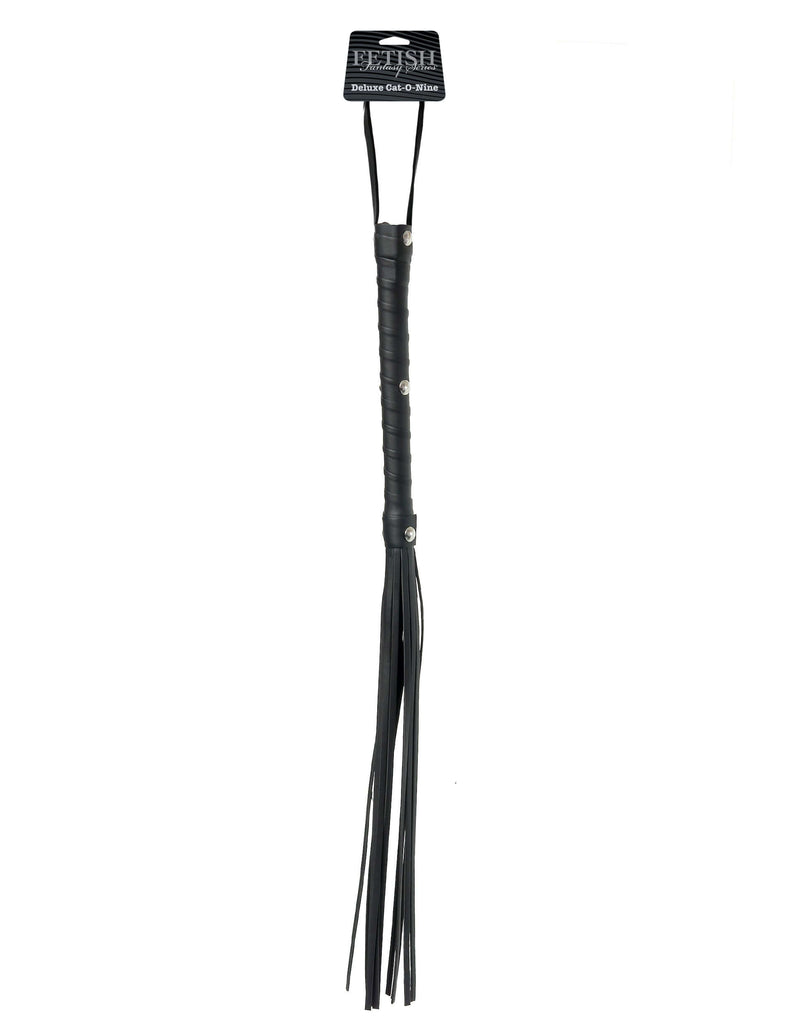 Fetish Fantasy Limited Edition Deluxe Cat O Nine Black Whip with solid handle and no-slip grip for dominance and submission play.