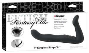 Fetish Fantasy Elite 8-Inch Strapless Strap-On, medical-grade silicone, hands-free, phthalate-free, black in original packaging