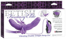 Fetish Fantasy Elite Vibrating Double Delight Strap-On Purple packaging with dual-ended design and remote control features