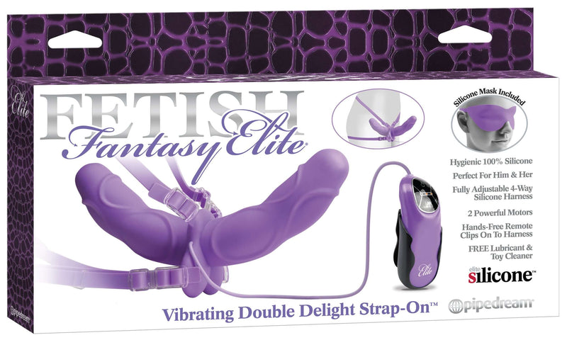 Fetish Fantasy Elite Vibrating Double Delight Strap-On Purple packaging with dual-ended design and remote control features
