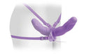 Fetish Fantasy Elite Vibrating Double Delight Strap-On Purple, dual-ended silicone strap-on worn on a mannequin hip.