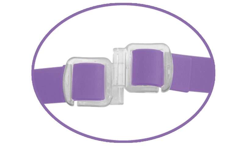 Purple buckle strap detail of Fetish Fantasy Elite Vibrating Double Delight Strap-On