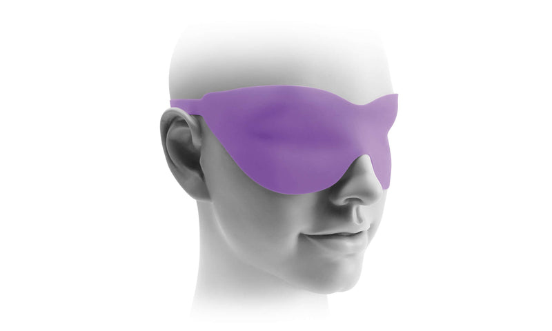 Person wearing a purple blindfold for sensory play.