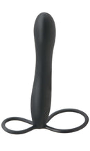 Fetish Fantasy Elite Double Trouble Black strap-on dildo with silicone rings for performance enhancement and pleasure.