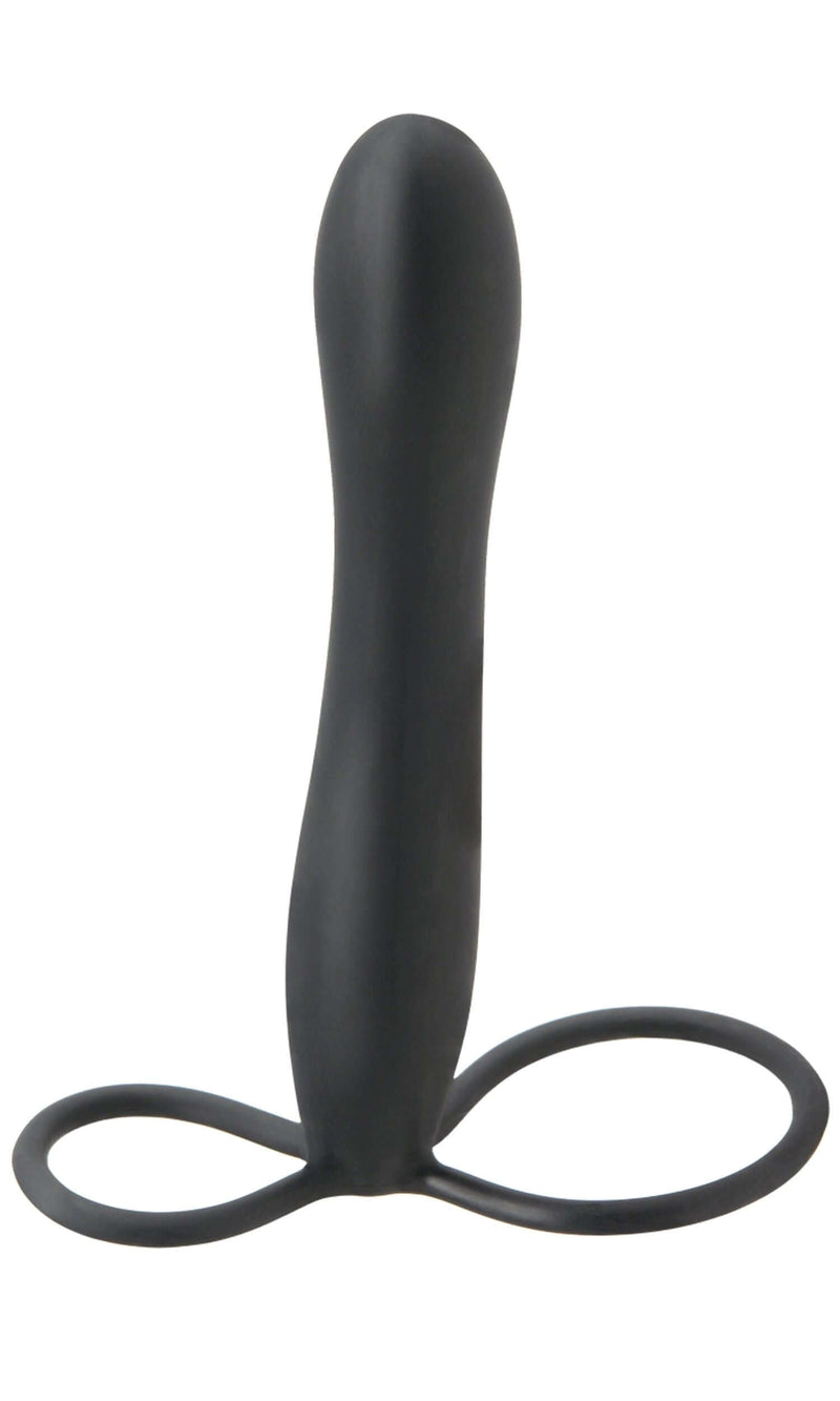 Fetish Fantasy Elite Double Trouble Black strap-on dildo with silicone rings for performance enhancement and pleasure.