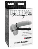 Fetish Fantasy Elite Double Trouble Black strap-on dildo in packaging with performance enhancing silicone cock ring and ball loop by Pipedream Products