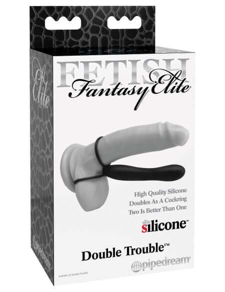 Fetish Fantasy Elite Double Trouble Black strap-on dildo in packaging with performance enhancing silicone cock ring and ball loop by Pipedream Products