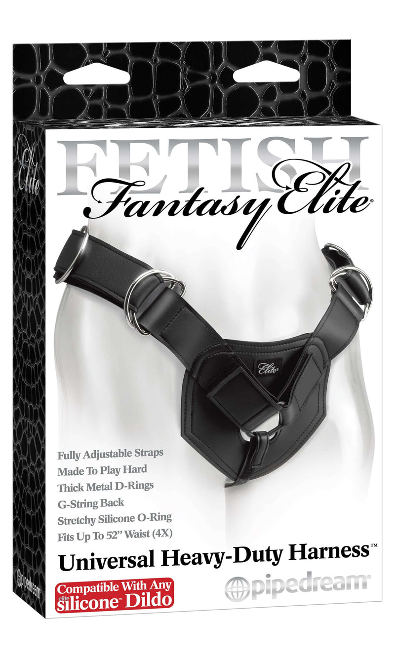 Fetish Fantasy Elite Universal Heavy Duty Harness packaging showing adjustable straps and silicone O-ring