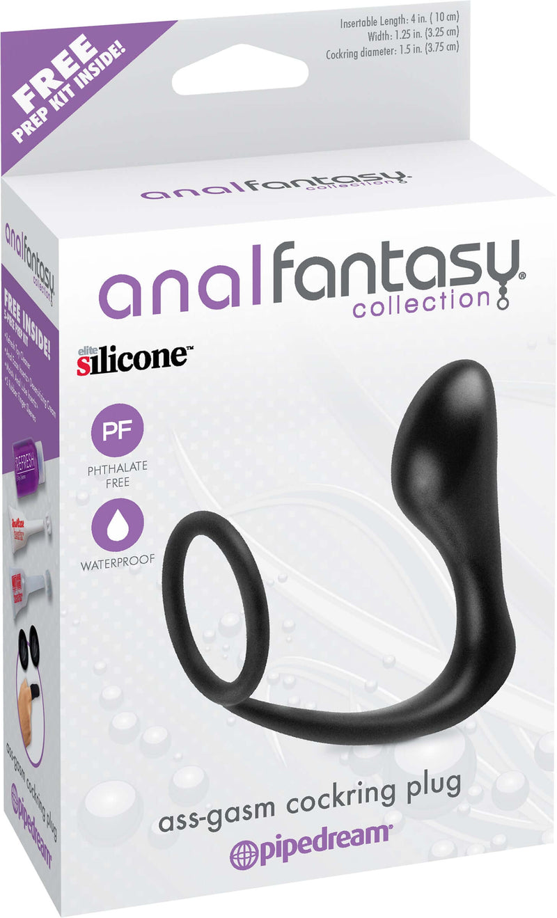 Packaging of the Ass-Gasm Cock Ring Plug from Anal Fantasy Collection made of Elite Silicone with waterproof and phthalate-free features
