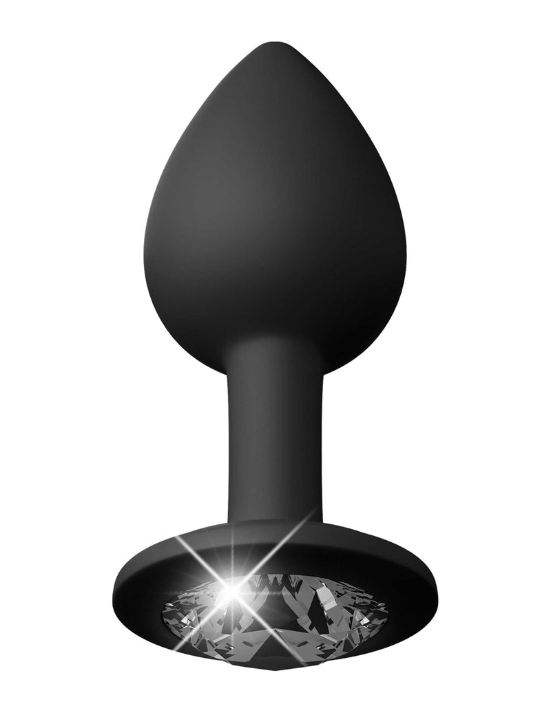 Black silicone butt plug with a sparkling gem base for discreet and luxurious pleasure.