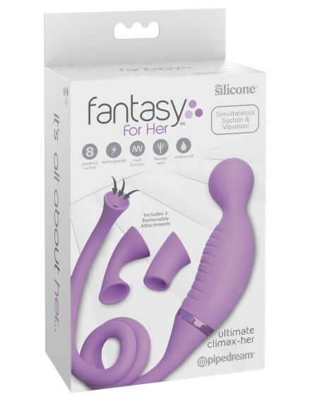 Fantasy For Her Remote Silicone Petite Clitoral Vibrator in Purple by Pipedream Products boxed set with attachments.