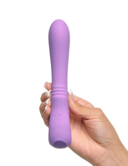 Fantasy For Her Flexible Please Her Purple Vibrator held in hand, showing its curved and flexible body for versatile use.