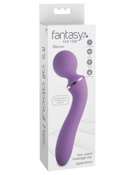 Purple Fantasy For Her Duo Wand Massager in a box, featuring dual motors and versatile design for enhanced intimate pleasure.