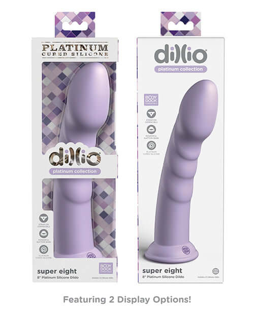 Dillio Platinum 8 inches Super Eight Purple Silicone Dildo from Pipedream in packaging and product display options